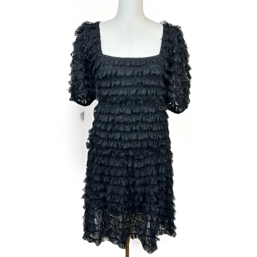 ✨ NWT Zara Black Tulle Fringe Mini Dress Small Puff Sleeve Ruffle 🖤 - Picture 6 of 16